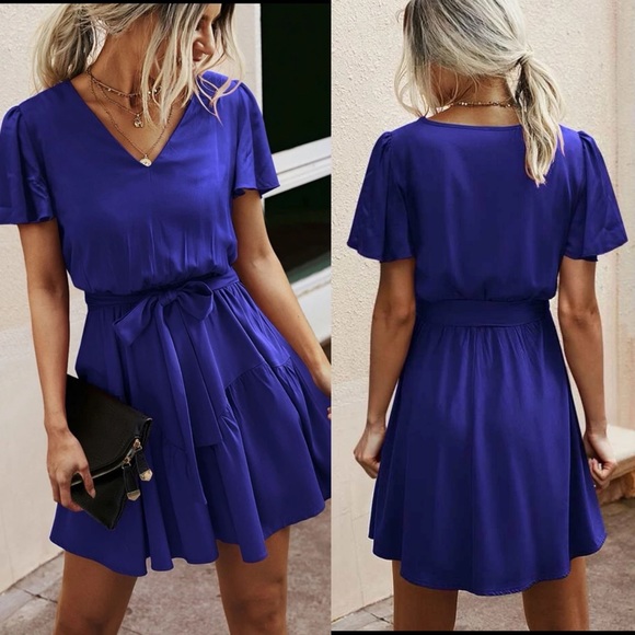 Short sleeve v neck belted flowy boho dress olive green - Picture 5 of 8